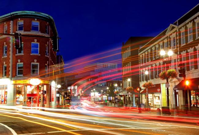 An intersection in middle of Harvard Square in Cambridge Massachusetts and home to Harvard campus