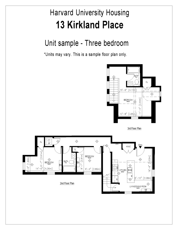 Harvard University Housing 13 Kirkland Place - Sample Three Bedroom floorplan. This is a sample only and may not be your exact unit. Exact units are visible in the applicant portal when selecting a unit. The floorplan has two levels, wood flooring, and windows in each bedroom. The floorplan is open concept, with an open kitchen leading into the living/dining room area. There are two bedrooms and one bathroom on the first level, and a bedroom and bathroom on the second level. Each bedroom has a closet.