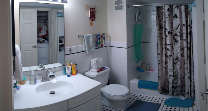 Secondary bathroom with black and white tiling, toilet, vanity, sink