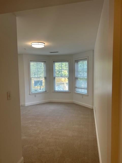 Primary bedroom with bay windows and carpeted flooring