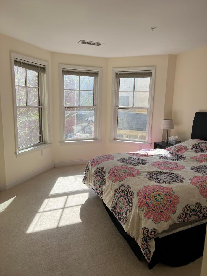 Primary bedroom with bay windows and carpet flooring