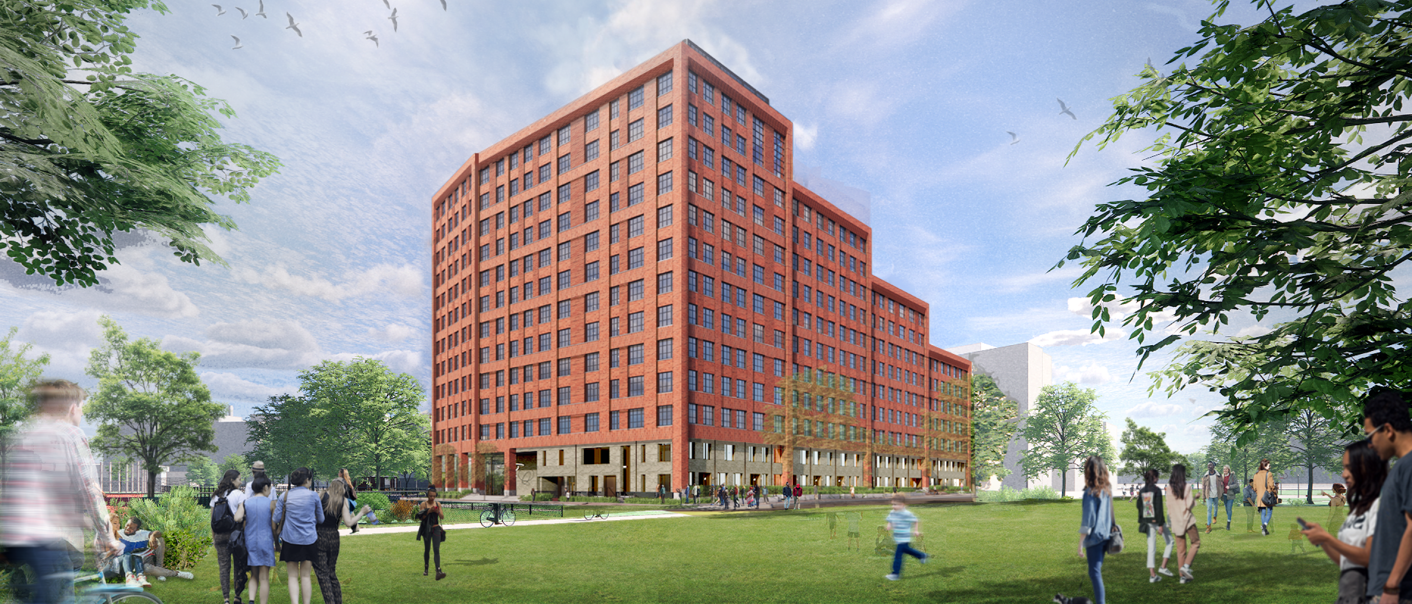 architectural rendering of 100 South Campus Drive, a brick-colored building in the distance with people hanging out on the field nearby