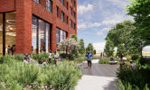 A rendering of the facade of the building, flanked by lush greenery and pedestrian walkways