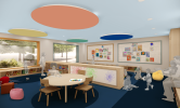 A rendering of the playroom with a variety of children's furniture and toys